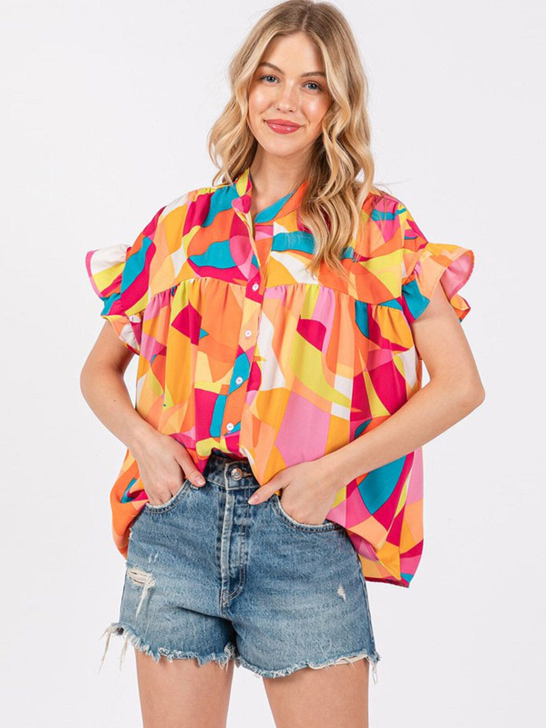WOMEN'S SHORT SLEEVE BUTTON UP MULTI PRINT TUNIC BLOUSE TOP