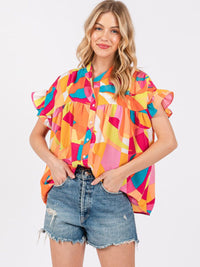 WOMEN'S SHORT SLEEVE BUTTON UP MULTI PRINT TUNIC BLOUSE TOP