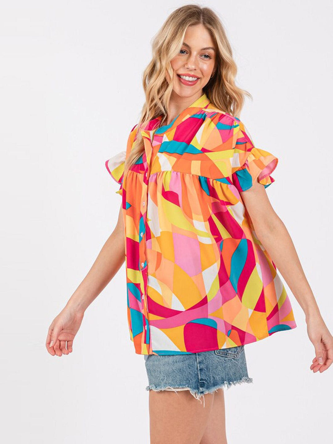 WOMEN'S SHORT SLEEVE BUTTON UP MULTI PRINT TUNIC BLOUSE TOP