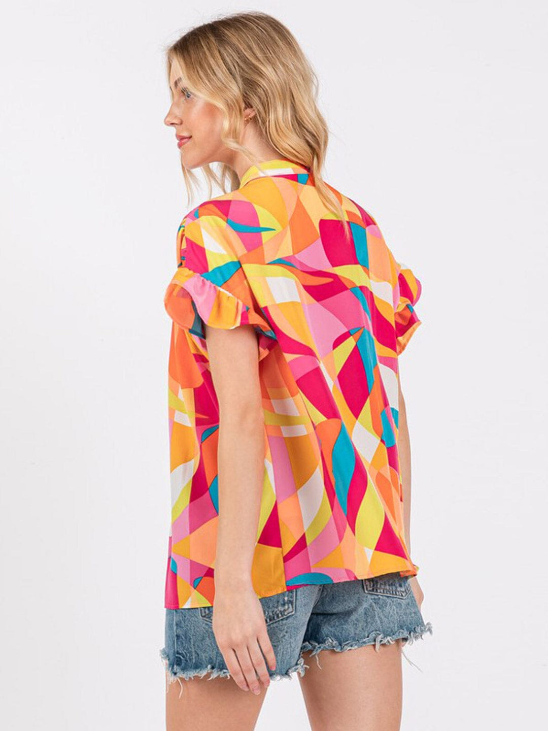 WOMEN'S SHORT SLEEVE BUTTON UP MULTI PRINT TUNIC BLOUSE TOP
