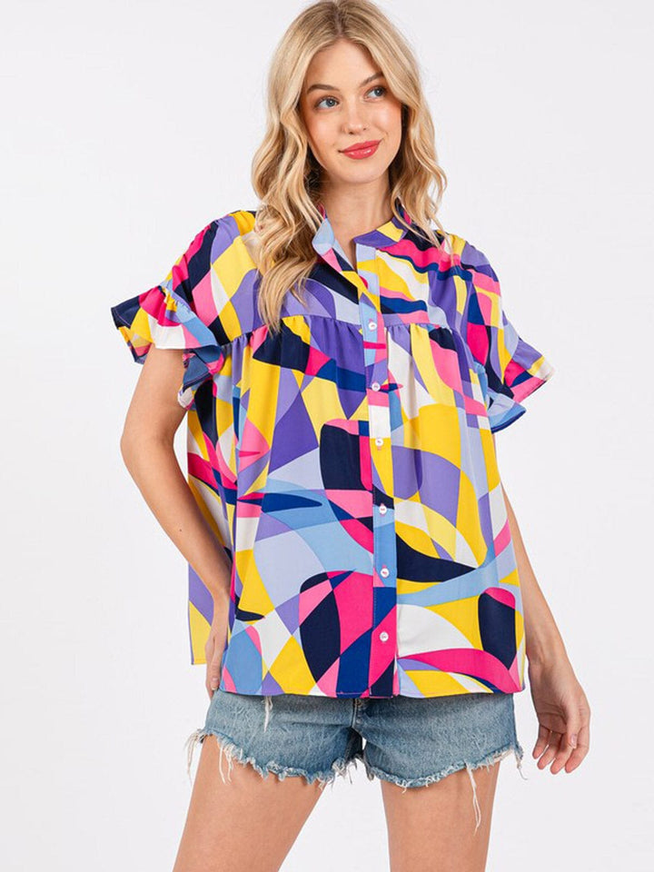 WOMEN'S SHORT SLEEVE BUTTON UP MULTI PRINT TUNIC BLOUSE TOP