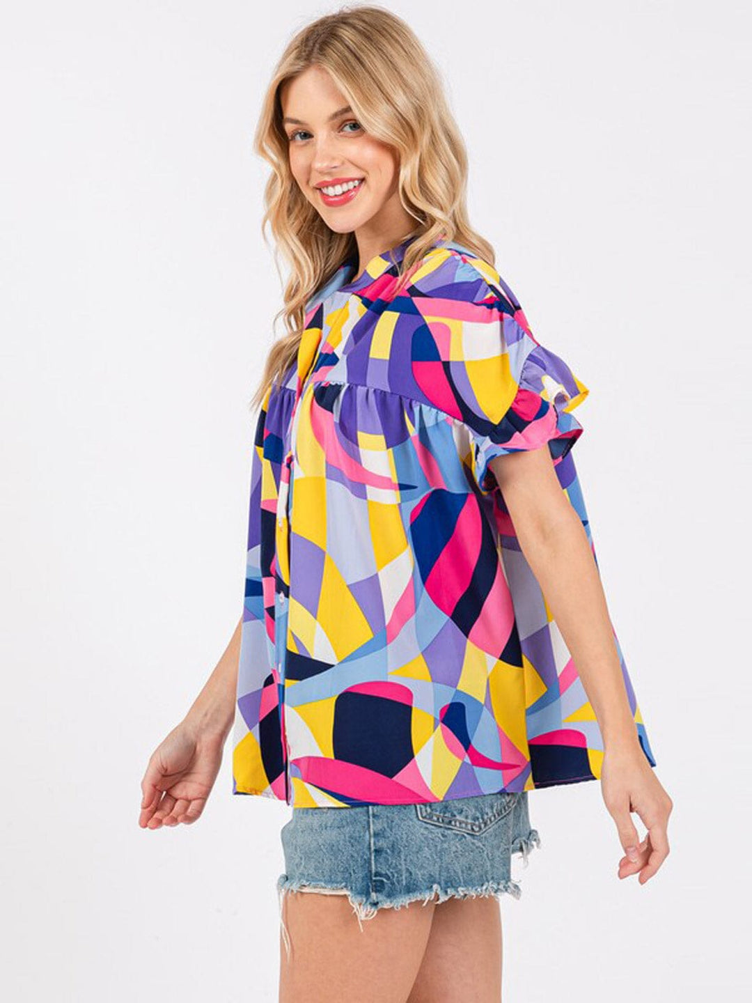 WOMEN'S SHORT SLEEVE BUTTON UP MULTI PRINT TUNIC BLOUSE TOP
