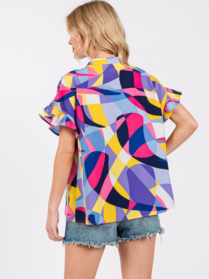 WOMEN'S SHORT SLEEVE BUTTON UP MULTI PRINT TUNIC BLOUSE TOP