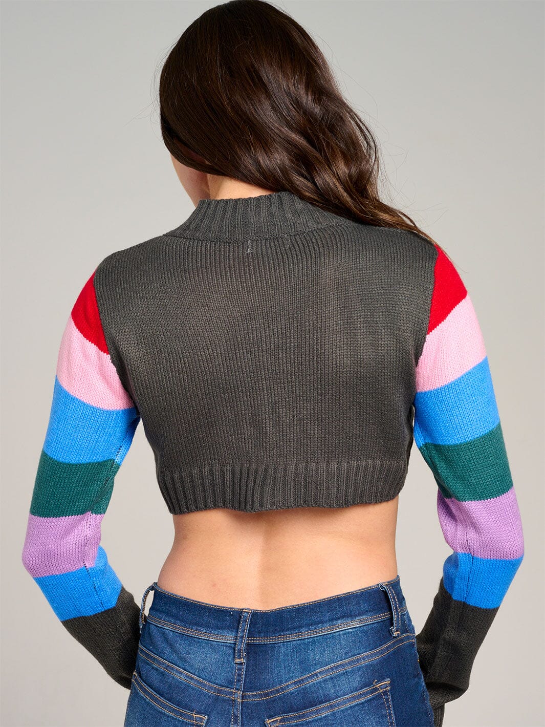WOMEN'S LONG SLEEVE BUTTON CLOSURE COLORBLOCK KNIT CROP TOP