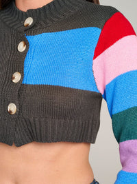 WOMEN'S LONG SLEEVE BUTTON CLOSURE COLORBLOCK KNIT CROP TOP