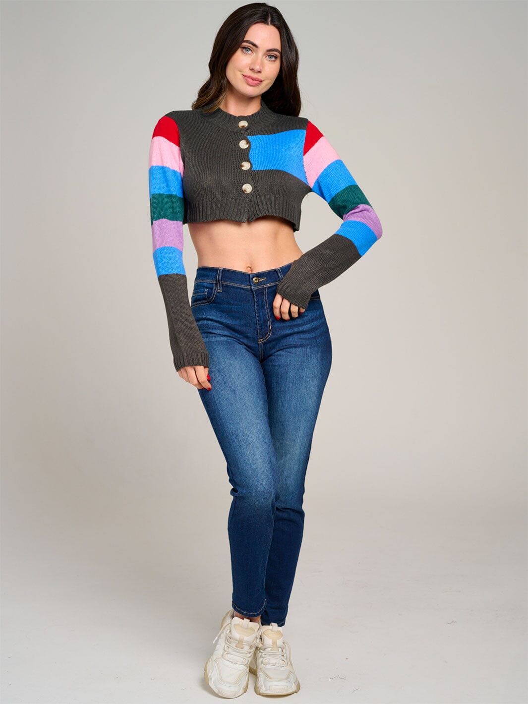 WOMEN'S LONG SLEEVE BUTTON CLOSURE COLORBLOCK KNIT CROP TOP