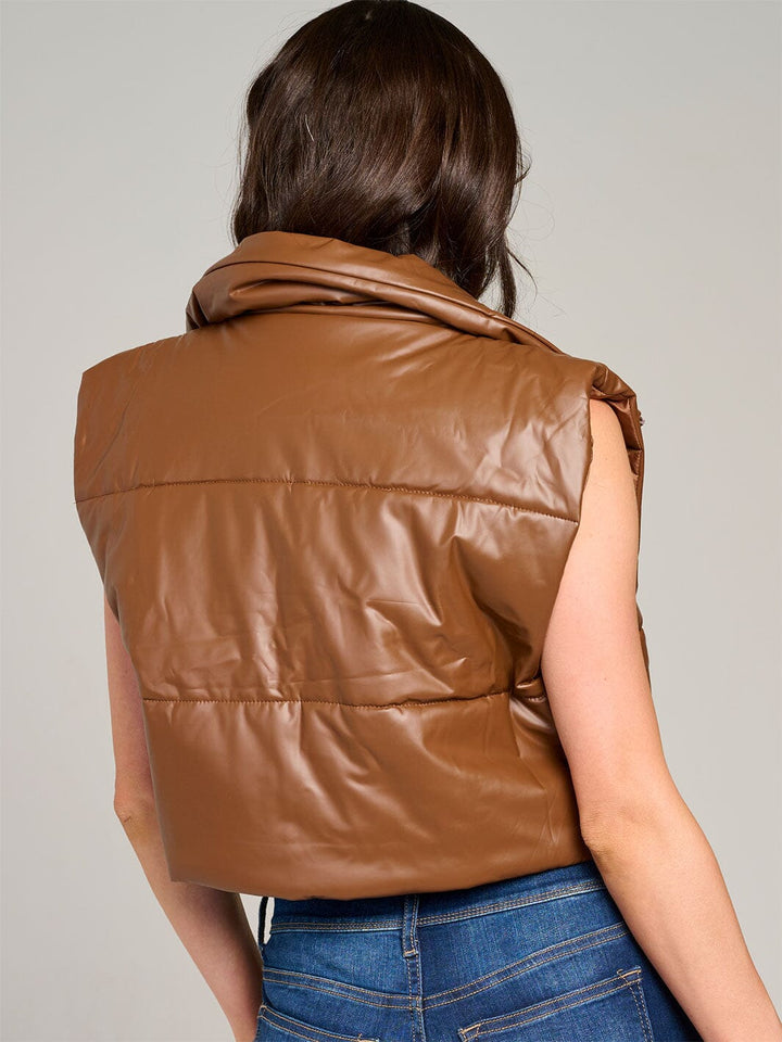 WOMEN'S SLEEVELESS ZIPPER CLOSURE PU PLEATHER PUFFER VEST