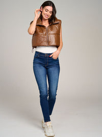 WOMEN'S SLEEVELESS ZIPPER CLOSURE PU PLEATHER PUFFER VEST