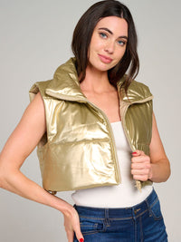 WOMEN'S SLEEVELESS ZIPPER CLOSURE PU PLEATHER PUFFER VEST
