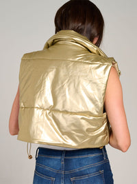 WOMEN'S SLEEVELESS ZIPPER CLOSURE PU PLEATHER PUFFER VEST