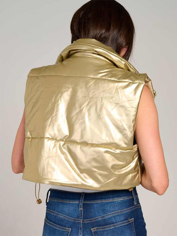 WOMEN'S SLEEVELESS ZIPPER CLOSURE PU PLEATHER PUFFER VEST