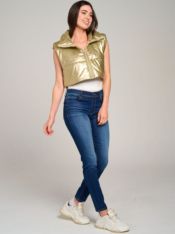 WOMEN'S SLEEVELESS ZIPPER CLOSURE PU PLEATHER PUFFER VEST