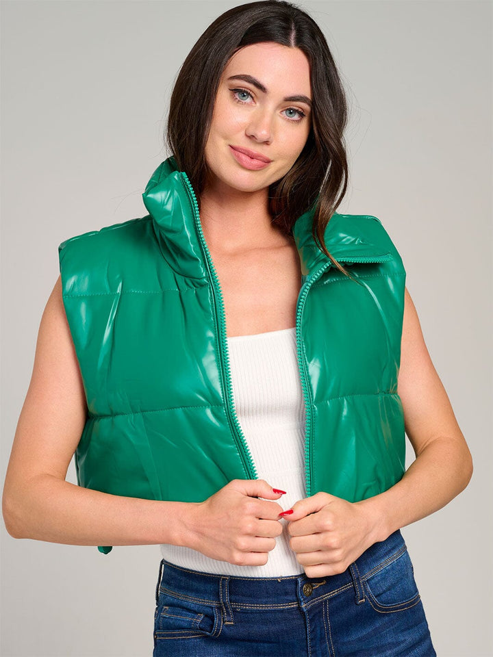 WOMEN'S SLEEVELESS ZIPPER CLOSURE PU PLEATHER PUFFER VEST