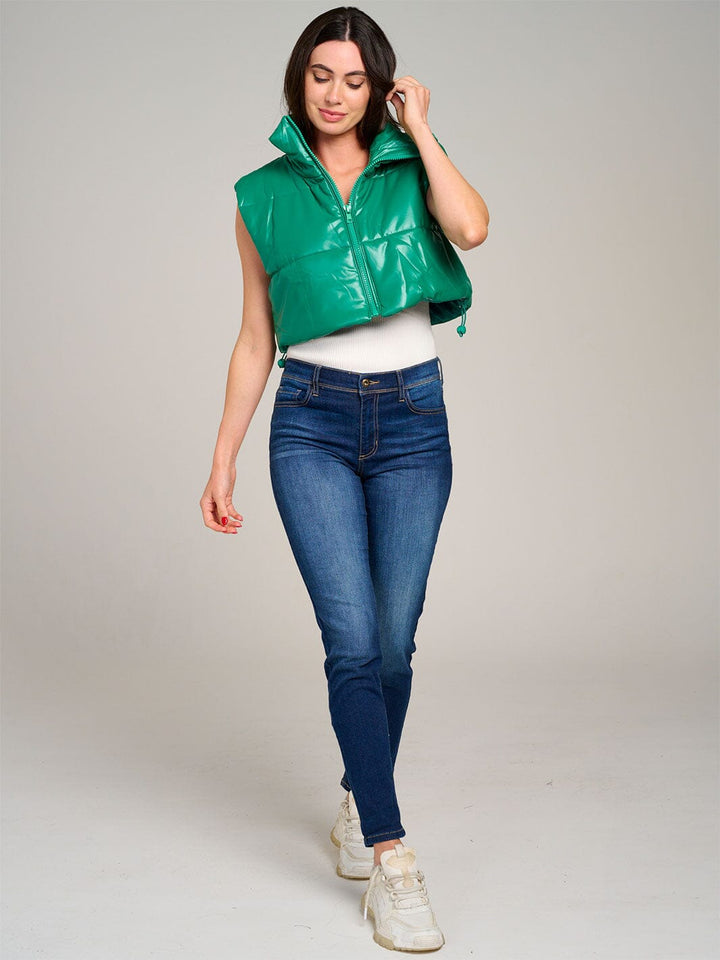 WOMEN'S SLEEVELESS ZIPPER CLOSURE PU PLEATHER PUFFER VEST