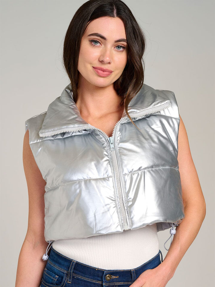 WOMEN'S SLEEVELESS ZIPPER CLOSURE PU PLEATHER PUFFER VEST