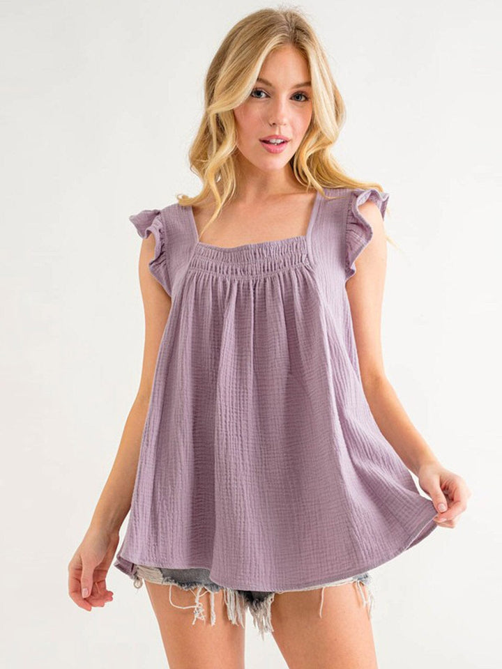 WOMEN'S RUFFLE SLEEVE SMOCK SQUARE NECK TUNIC TANK TOP