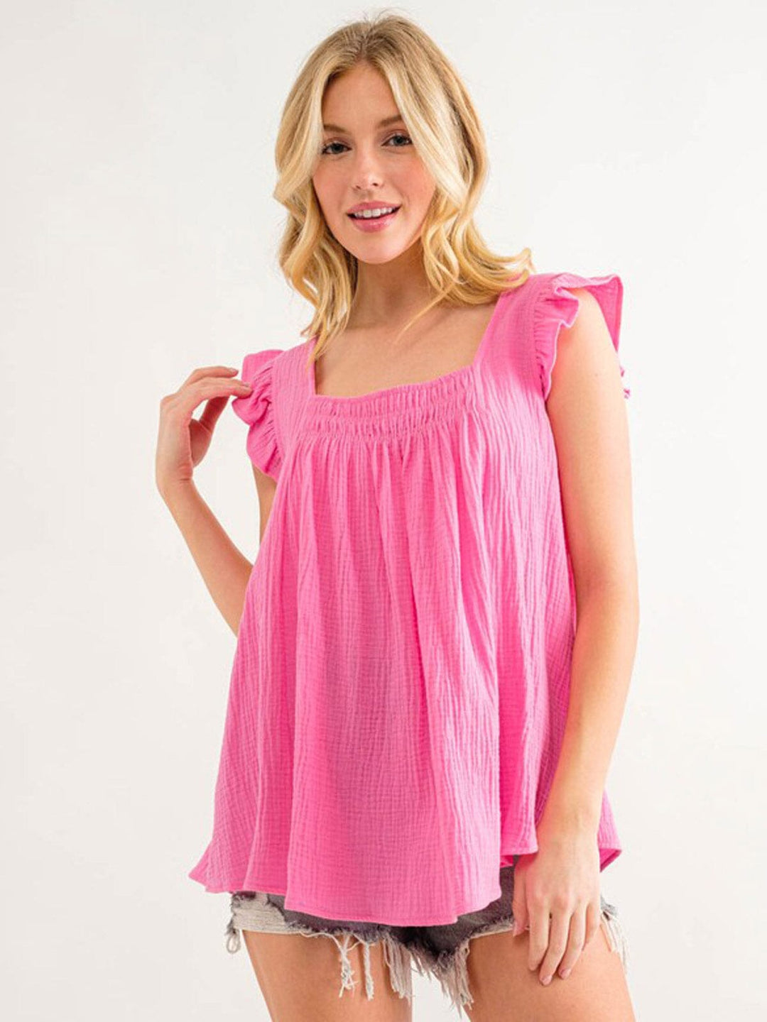 WOMEN'S RUFFLE SLEEVE SMOCK SQUARE NECK TUNIC TANK TOP