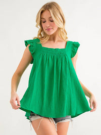 WOMEN'S RUFFLE SLEEVE SMOCK SQUARE NECK TUNIC TANK TOP