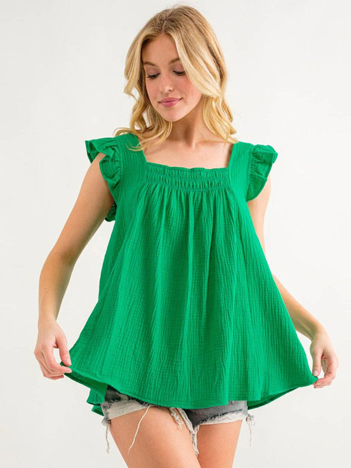 WOMEN'S RUFFLE SLEEVE SMOCK SQUARE NECK TUNIC TANK TOP