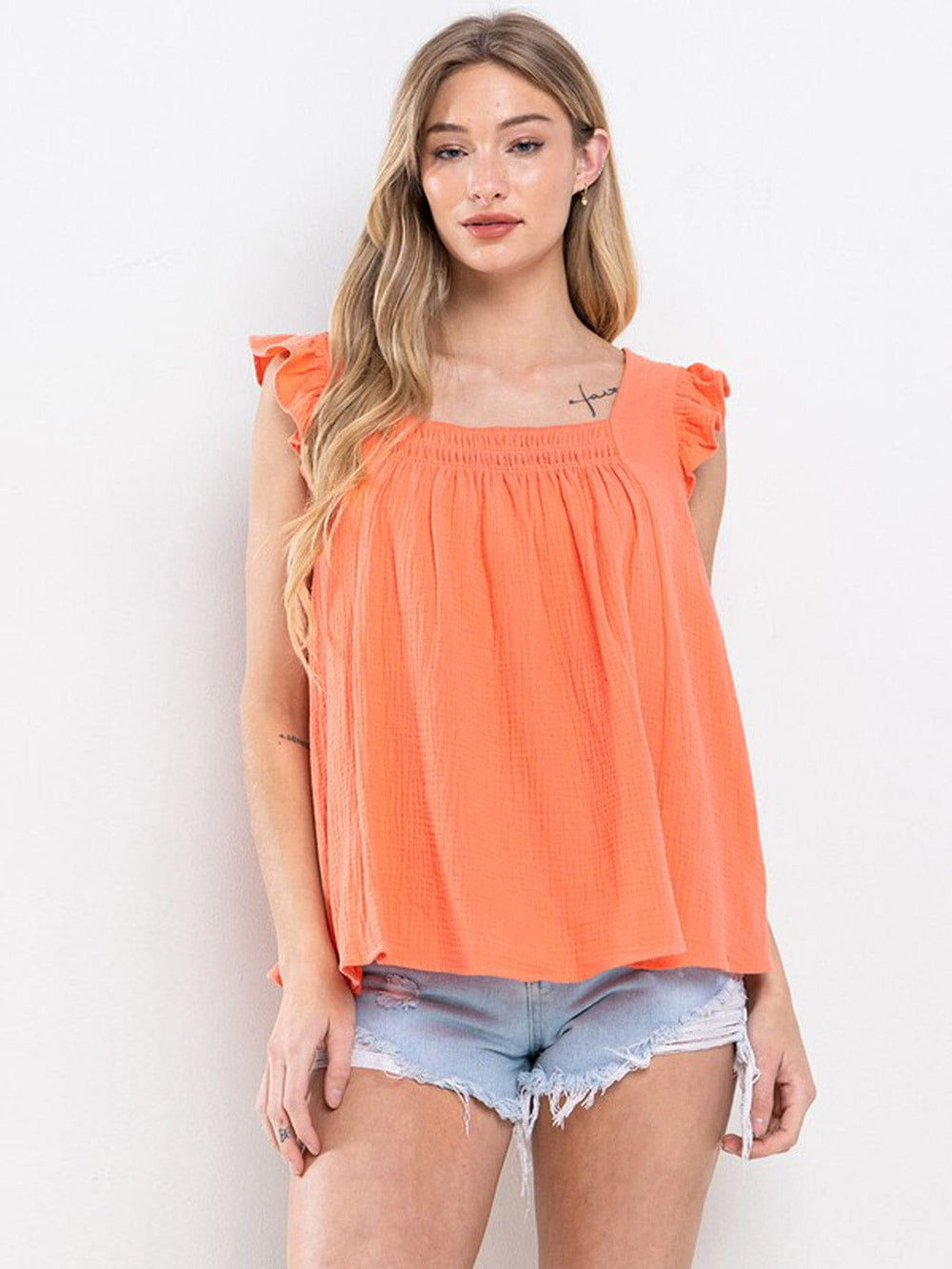 WOMEN'S RUFFLE SLEEVE SMOCK SQUARE NECK TUNIC TANK TOP