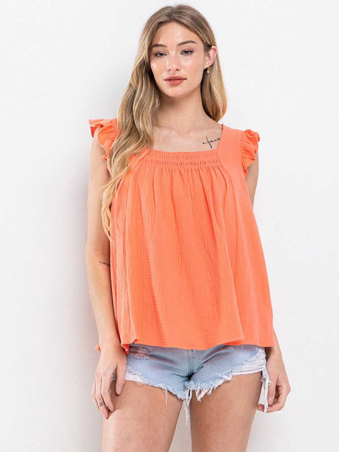 WOMEN'S RUFFLE SLEEVE SMOCK SQUARE NECK TUNIC TANK TOP