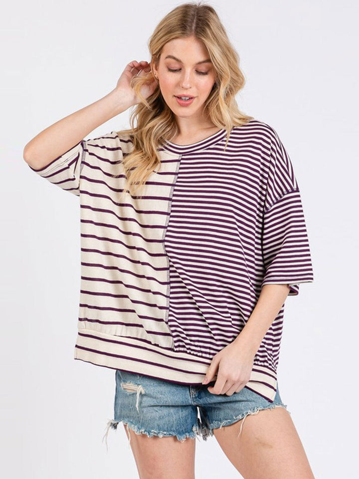 WOMEN'S SHORT SLEEVE COLORBLOCK STRIPES TUNIC TOP
