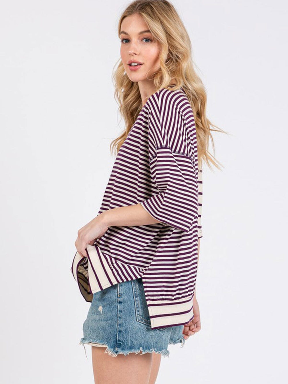 WOMEN'S SHORT SLEEVE COLORBLOCK STRIPES TUNIC TOP