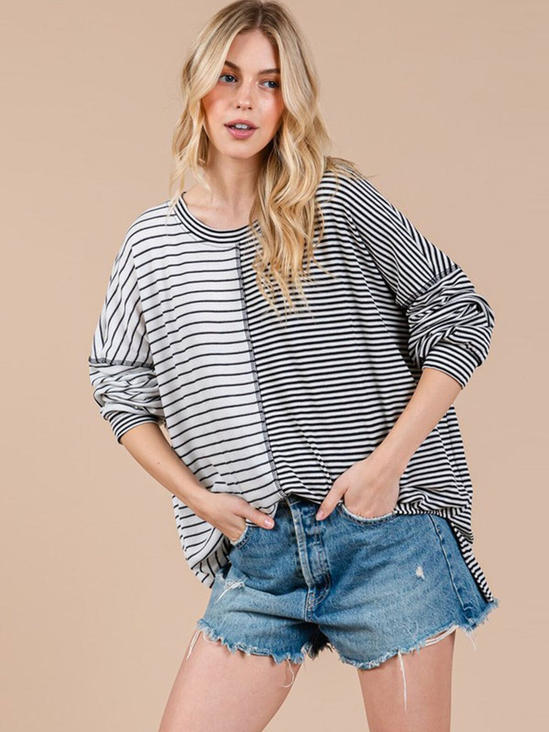 WOMEN'S LONG SLEEVE COLORBLOCK STRIPES TUNIC TOP