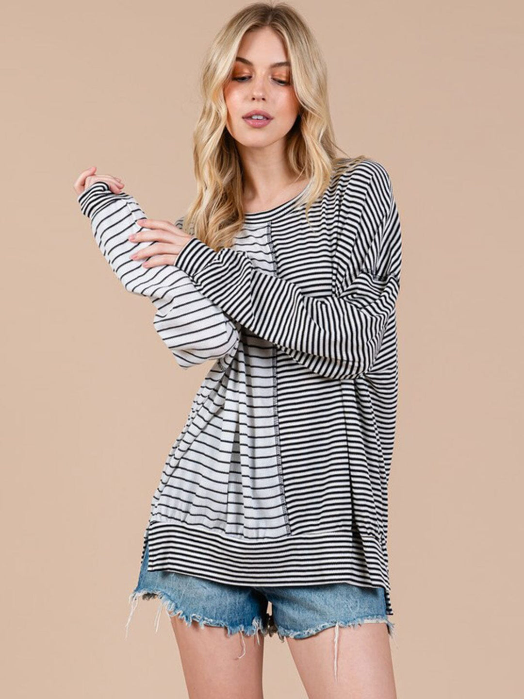 WOMEN'S LONG SLEEVE COLORBLOCK STRIPES TUNIC TOP