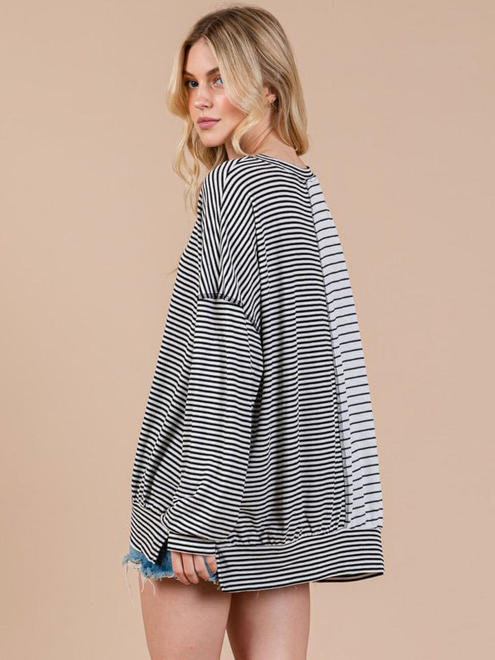 WOMEN'S LONG SLEEVE COLORBLOCK STRIPES TUNIC TOP