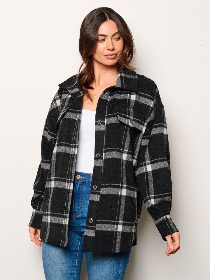 WOMEN'S LONG SLEEVE BUTTON UP FRONT POCKETS PLAID TOP
