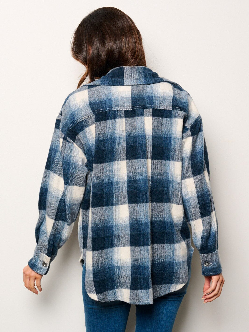 WOMEN'S LONG SLEEVE BUTTON UP FRONT POCKETS PLAID TOP