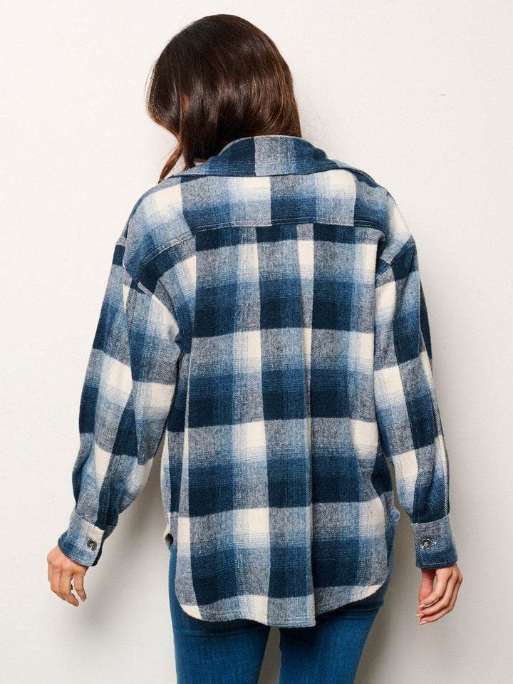 WOMEN'S LONG SLEEVE BUTTON UP FRONT POCKETS PLAID TOP