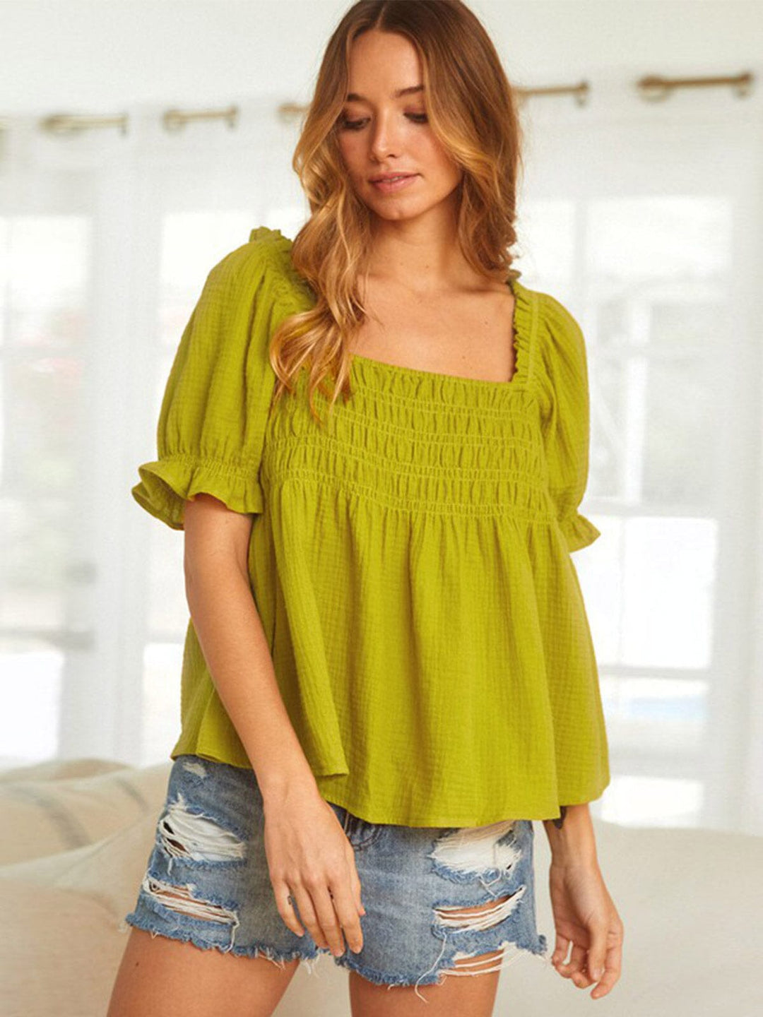 WOMEN'S SHORT RUFFLE SLEEVE SQUARE NECK SMOCK TUNIC BLOUSE TOP
