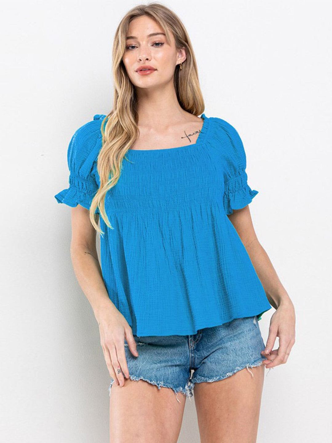 WOMEN'S SHORT RUFFLE SLEEVE SQUARE NECK SMOCK TUNIC BLOUSE TOP