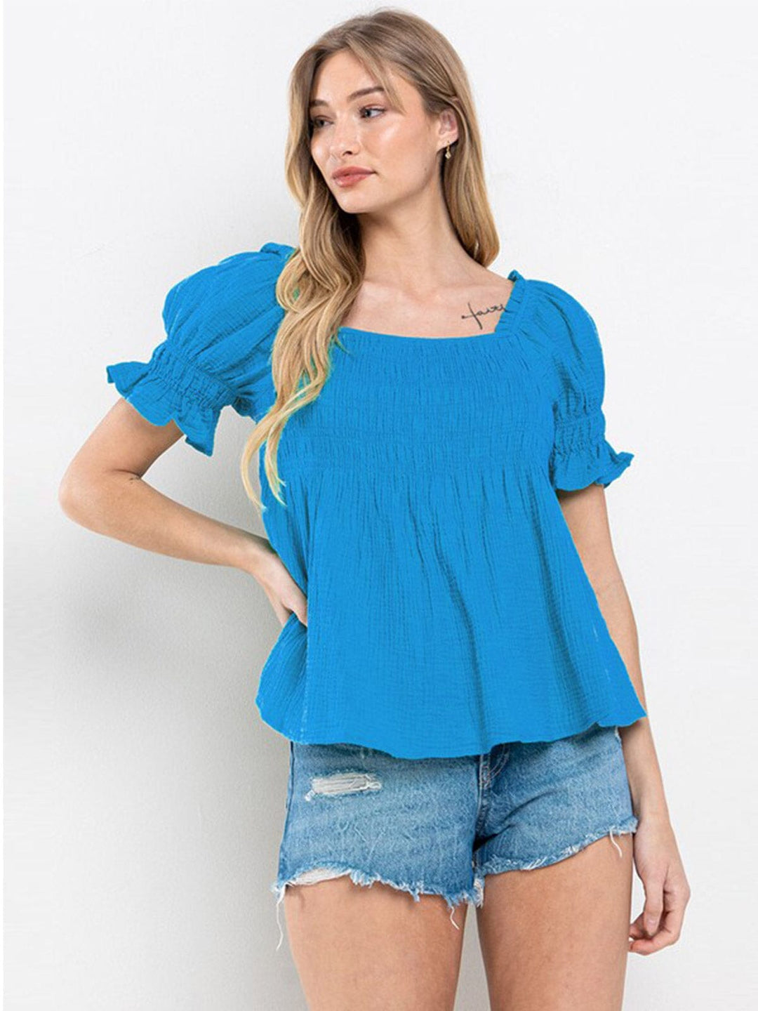 WOMEN'S SHORT RUFFLE SLEEVE SQUARE NECK SMOCK TUNIC BLOUSE TOP