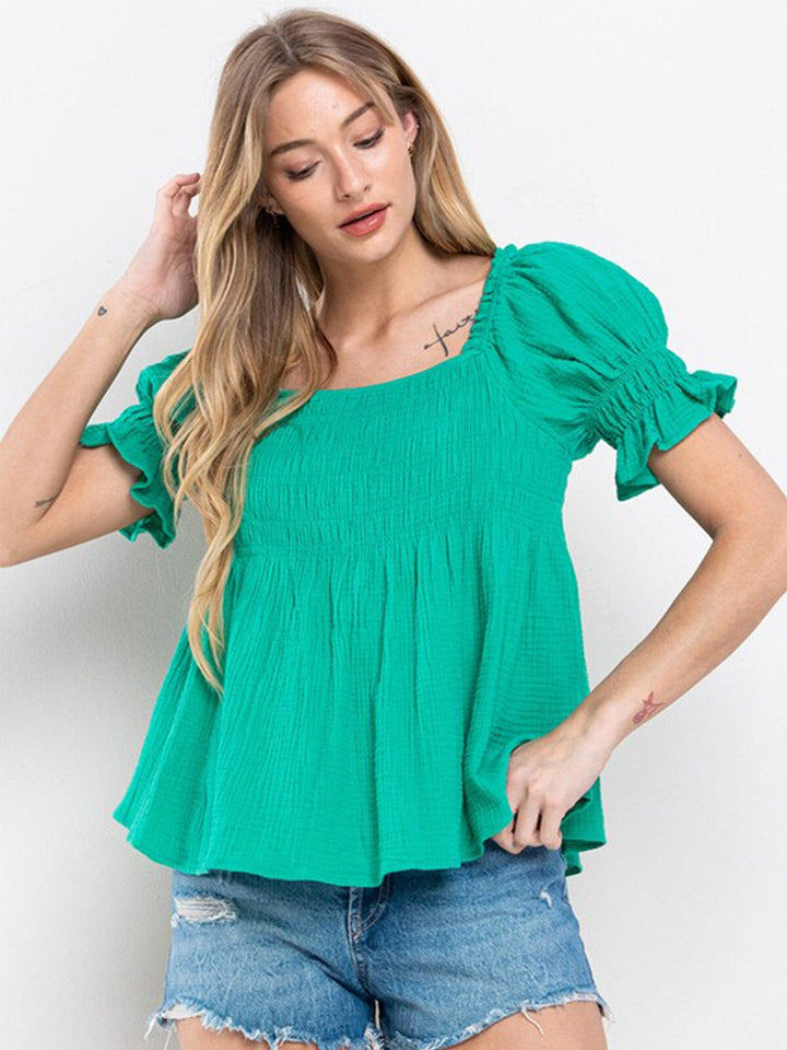 WOMEN'S SHORT RUFFLE SLEEVE SQUARE NECK SMOCK TUNIC BLOUSE TOP
