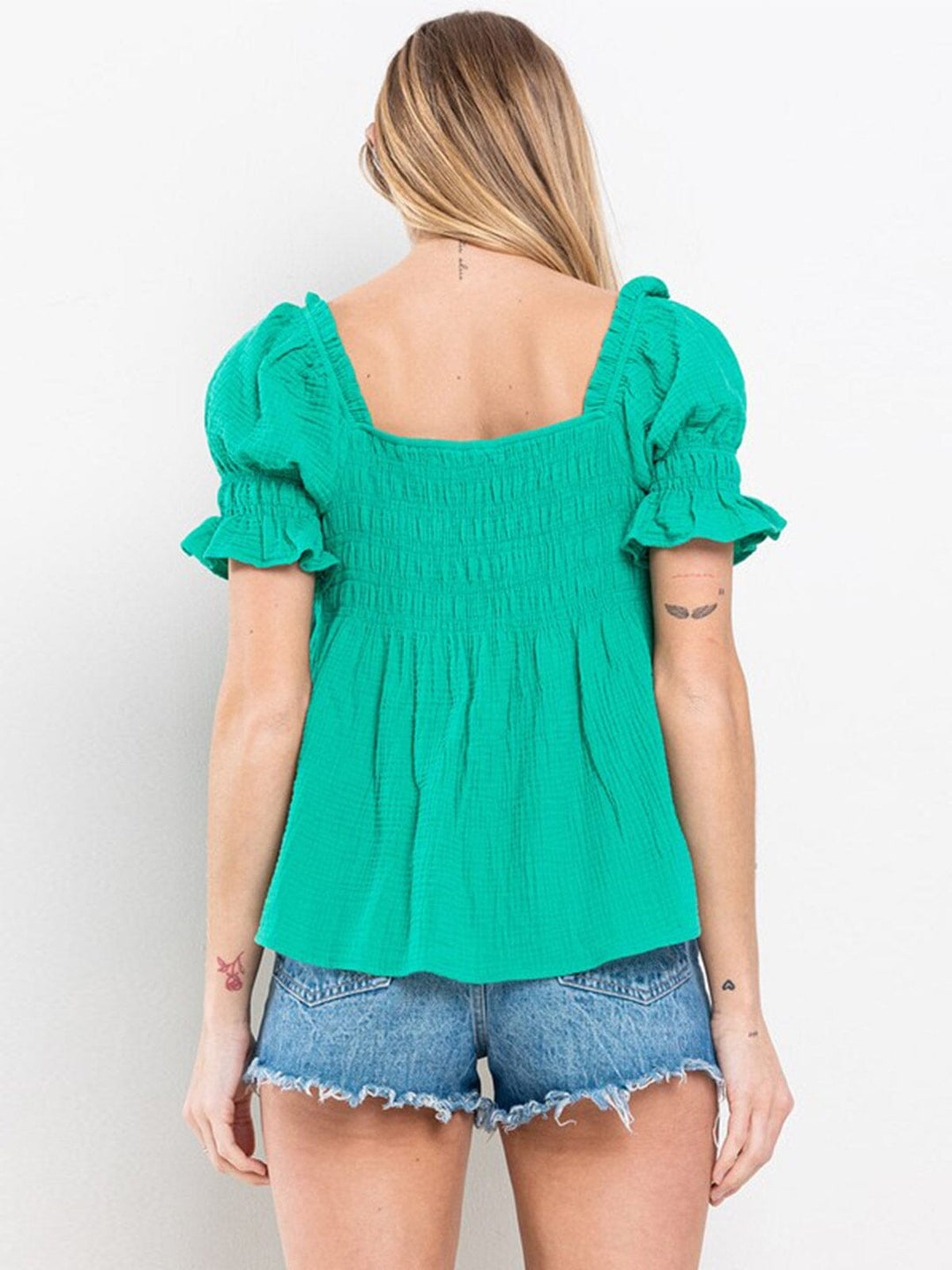 WOMEN'S SHORT RUFFLE SLEEVE SQUARE NECK SMOCK TUNIC BLOUSE TOP