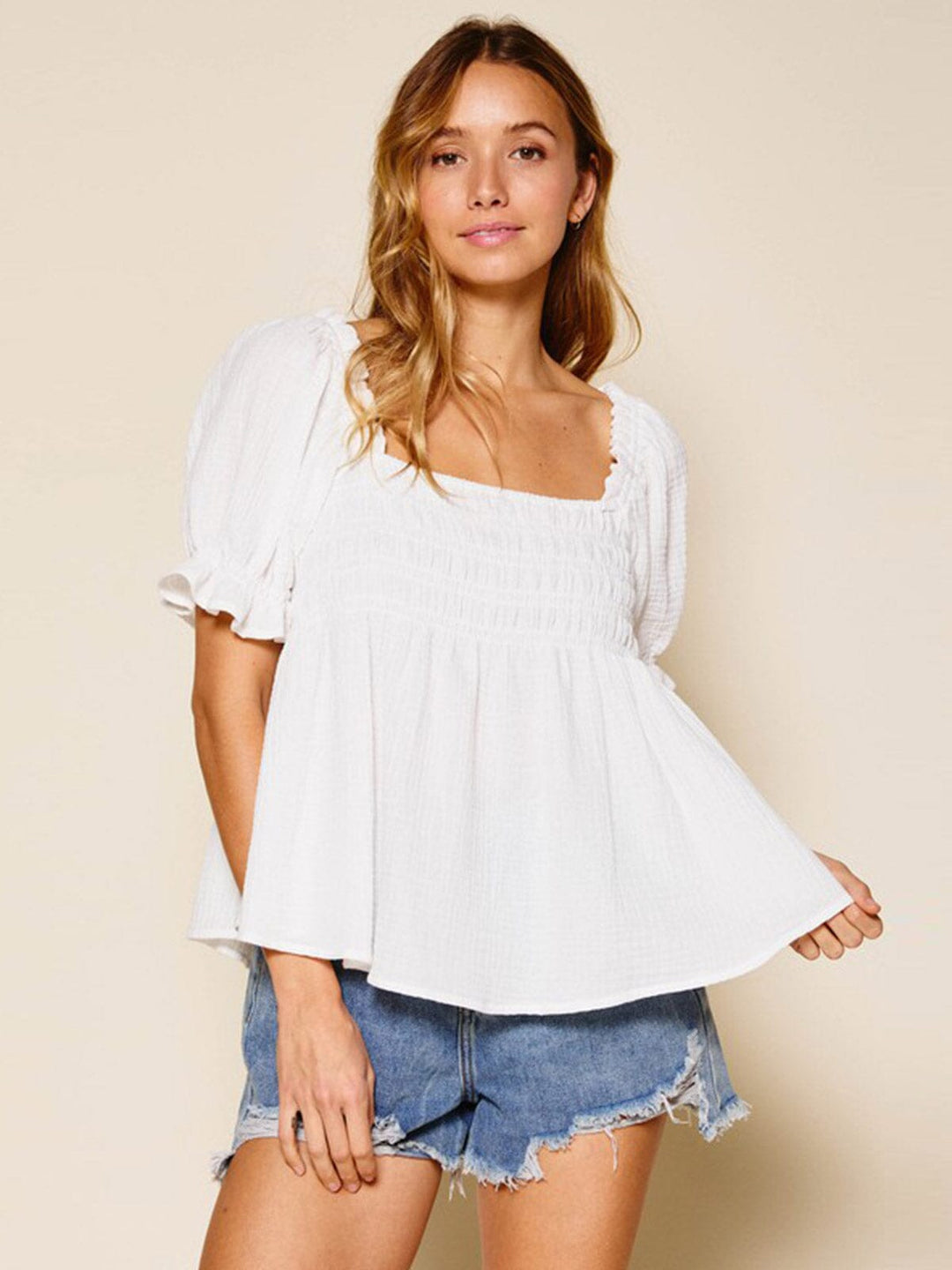 WOMEN'S SHORT RUFFLE SLEEVE SQUARE NECK SMOCK TUNIC BLOUSE TOP