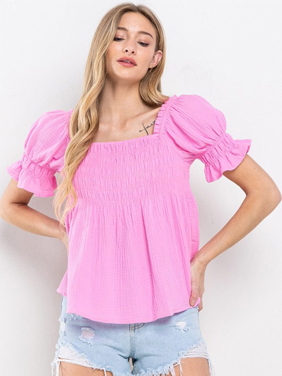 WOMEN'S SHORT RUFFLE SLEEVE SQUARE NECK SMOCK TUNIC BLOUSE TOP