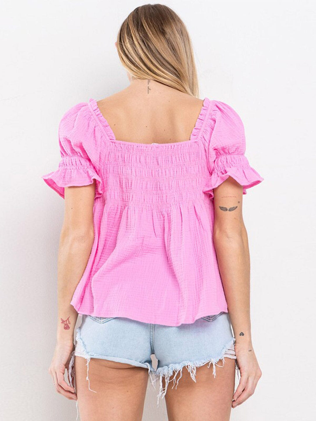 WOMEN'S SHORT RUFFLE SLEEVE SQUARE NECK SMOCK TUNIC BLOUSE TOP