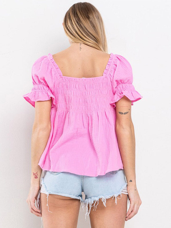 WOMEN'S SHORT RUFFLE SLEEVE SQUARE NECK SMOCK TUNIC BLOUSE TOP