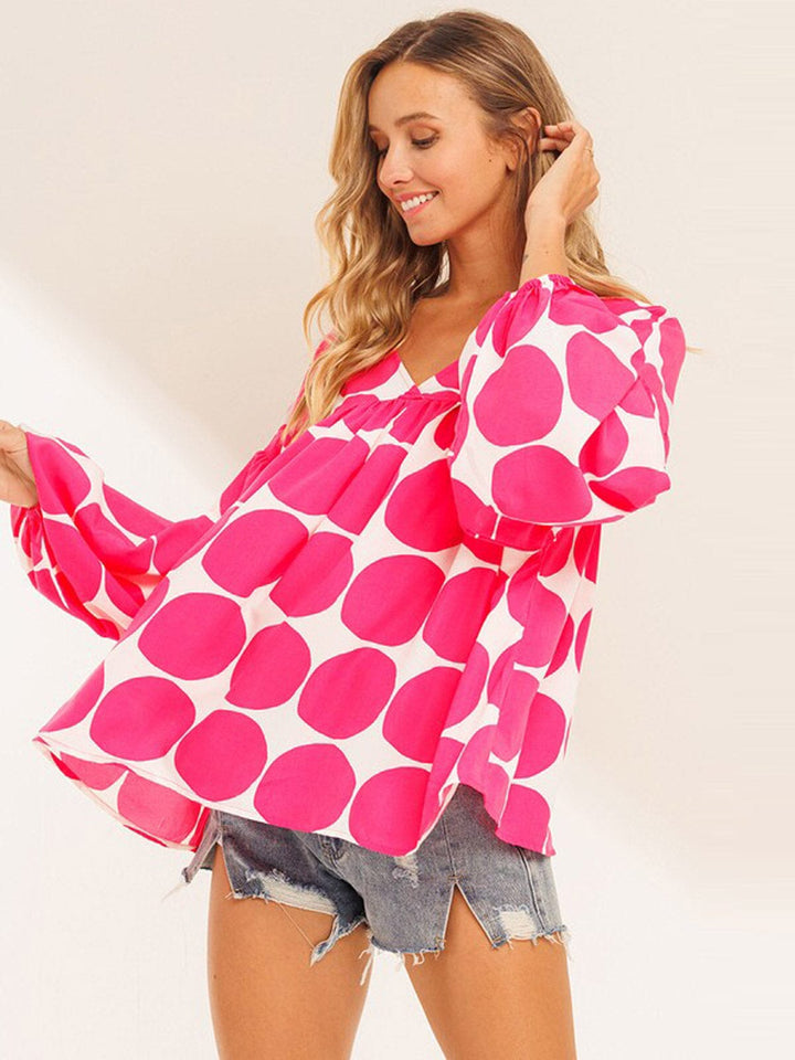 WOMEN'S LONG SLEEVE V-NECK TUNIC PRINTED BLOUSE TOP