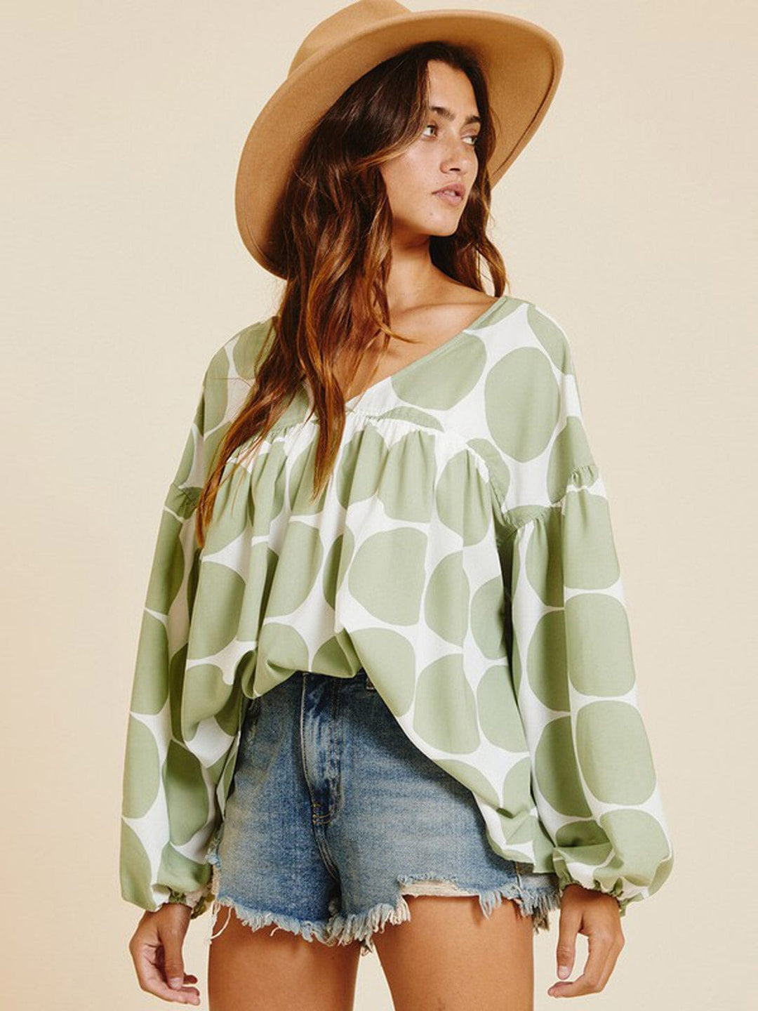 WOMEN'S LONG SLEEVE V-NECK TUNIC PRINTED BLOUSE TOP