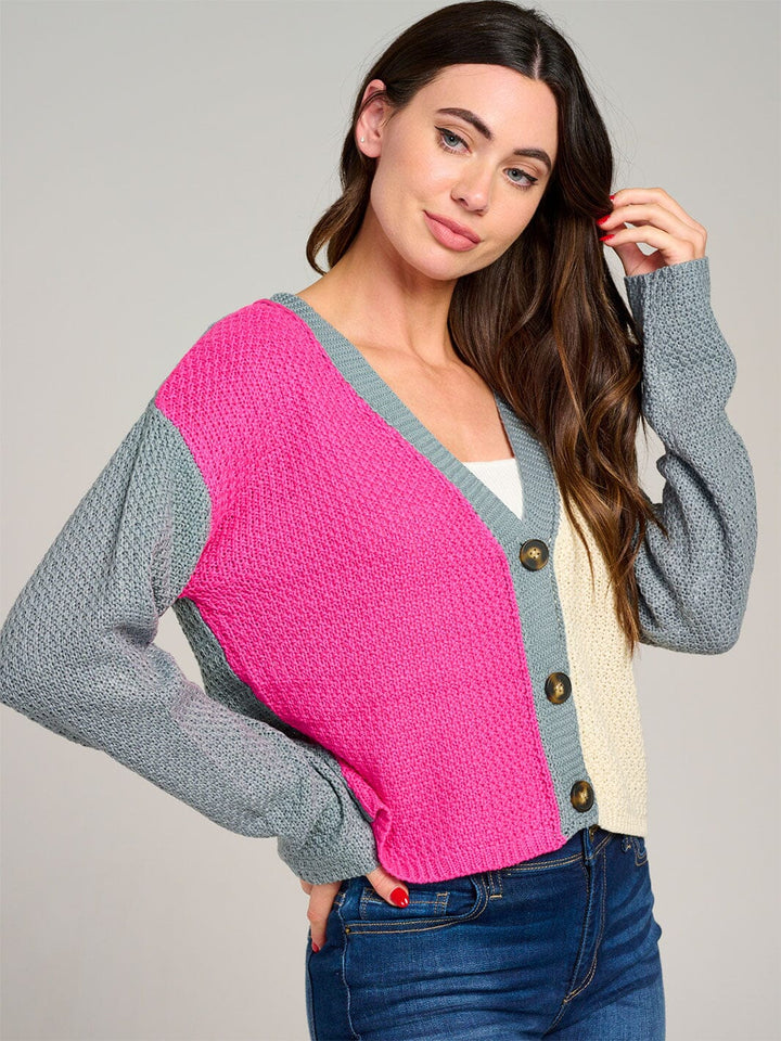 WOMEN'S LONG SLEEVE BUTTON CLOSURE COLORBLOCK KNIT SWEATER