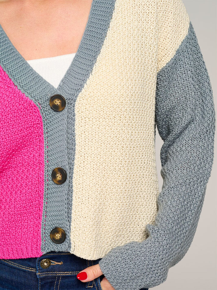 WOMEN'S LONG SLEEVE BUTTON CLOSURE COLORBLOCK KNIT SWEATER