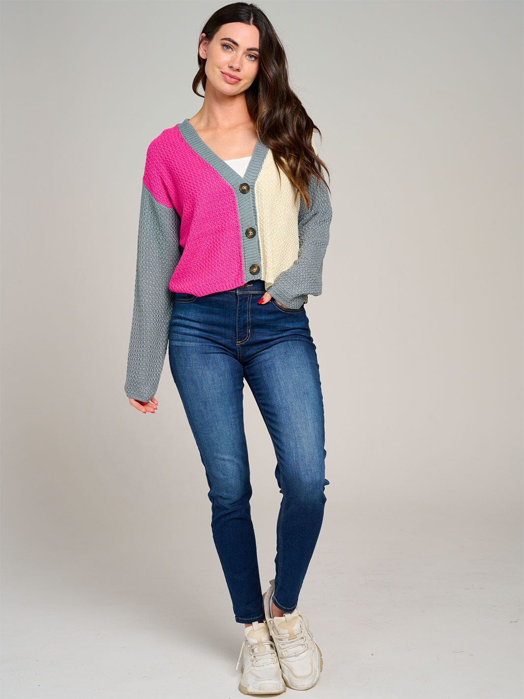 WOMEN'S LONG SLEEVE BUTTON CLOSURE COLORBLOCK KNIT SWEATER