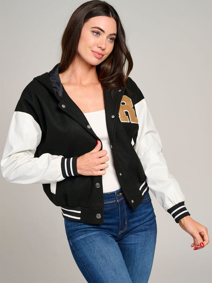 WOMEN'S LONG SLEEVE BUTTON CLOSURE POCKETS HOODED VARSITY JACKET