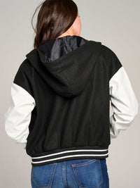 WOMEN'S LONG SLEEVE BUTTON CLOSURE POCKETS HOODED VARSITY JACKET