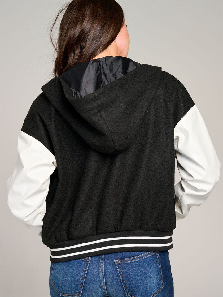 WOMEN'S LONG SLEEVE BUTTON CLOSURE POCKETS HOODED VARSITY JACKET